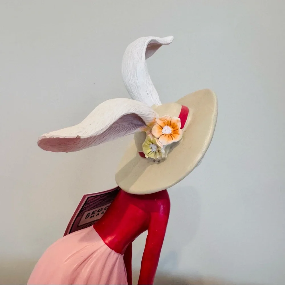 Elegant Girl Bunny Rabbit Figurine In Pink Flowing Dress 13.5” Tall Summer NWT